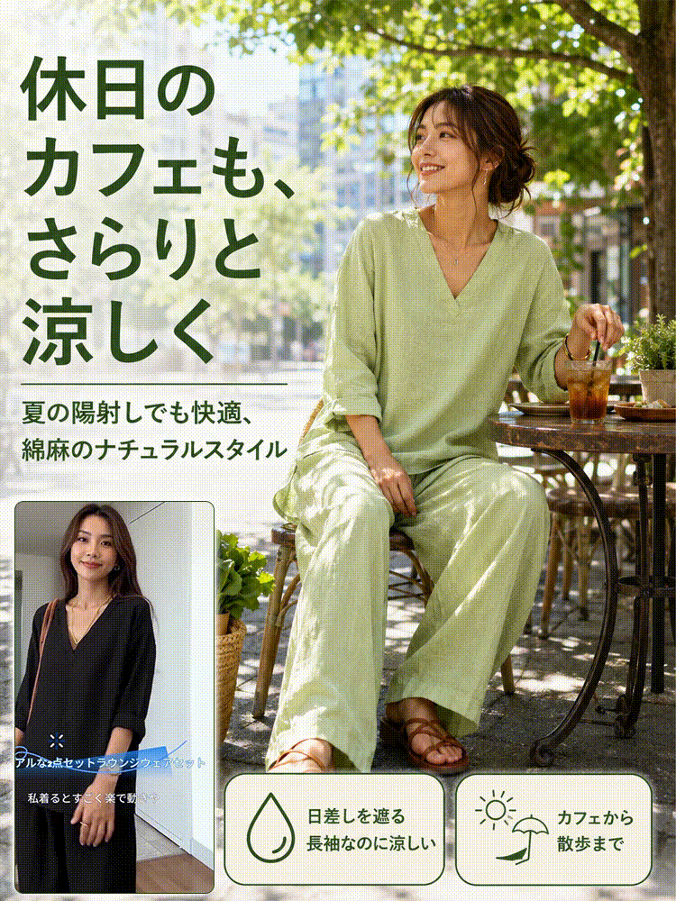 レディースコットンリネンVネックカジュアルセットアップ