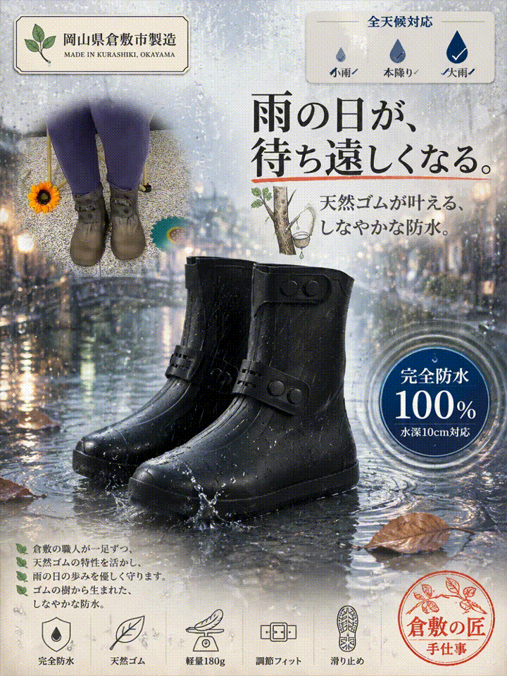 【滑りにくい！】天然ゴム製防水レインシューズカバー