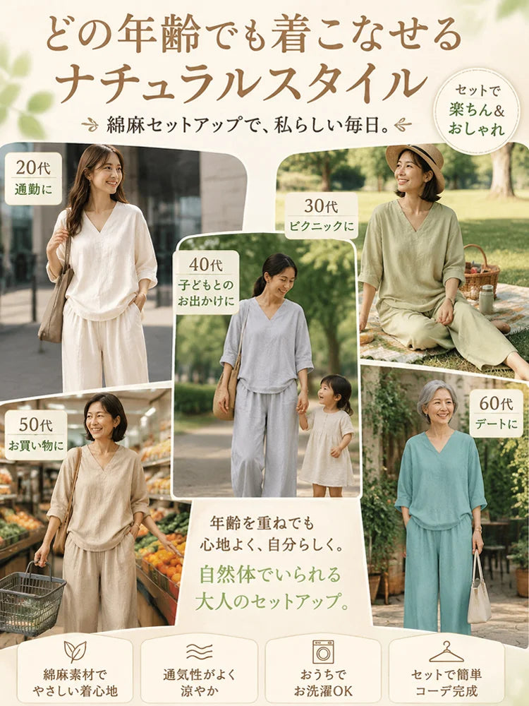 レディースコットンリネンVネックカジュアルセットアップ