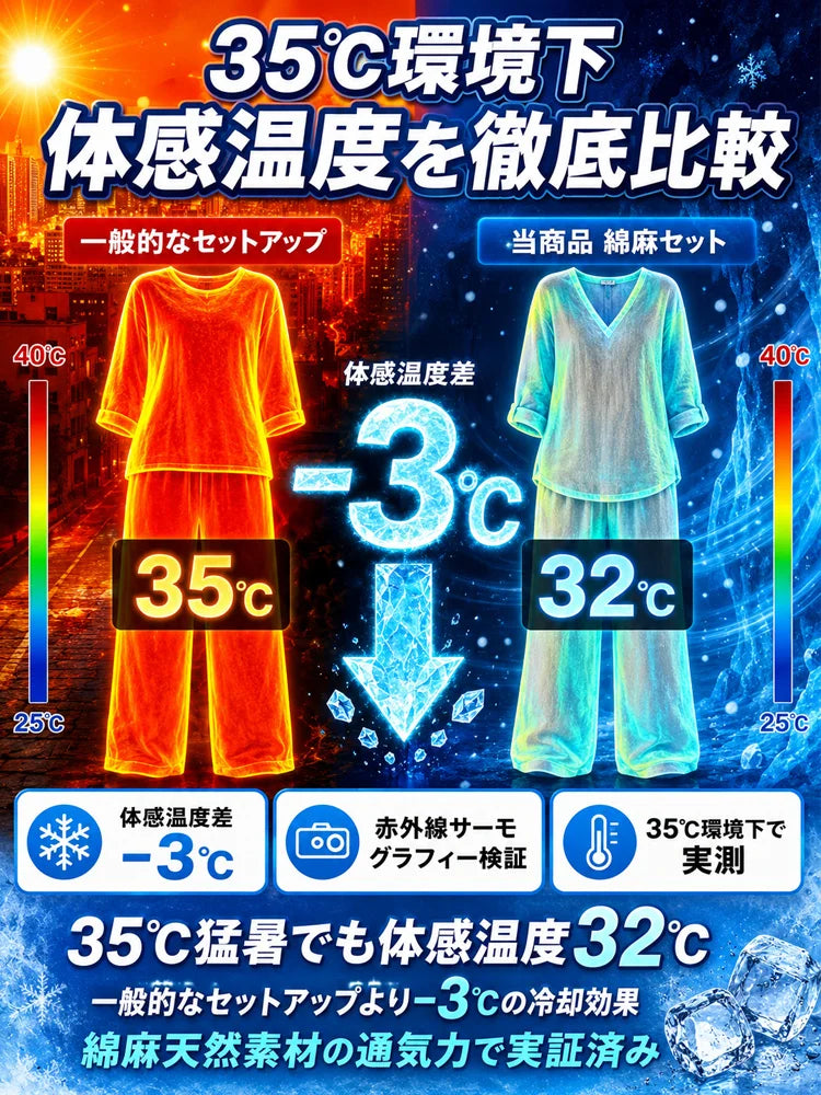 レディースコットンリネンVネックカジュアルセットアップ