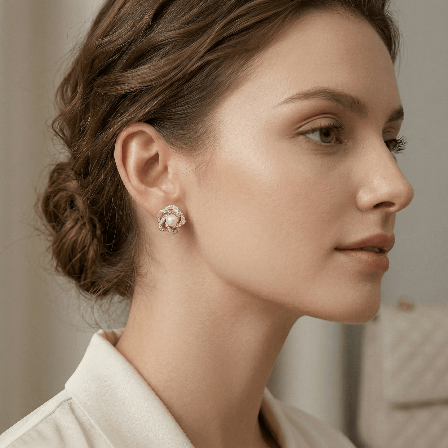 Blush Pearl & Zirconia Floral Gold Stud Earrings