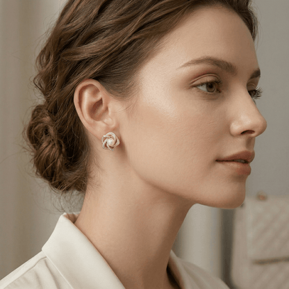 Blush Pearl & Zirconia Floral Gold Stud Earrings