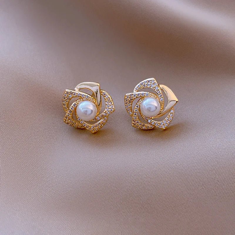 Blush Pearl & Zirconia Floral Gold Stud Earrings