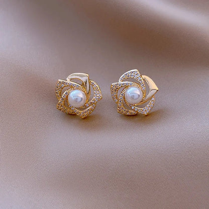Blush Pearl & Zirconia Floral Gold Stud Earrings