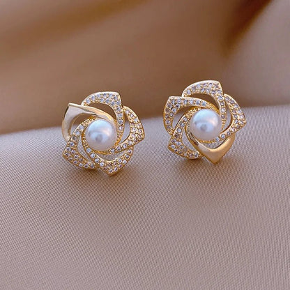 Blush Pearl & Zirconia Floral Gold Stud Earrings