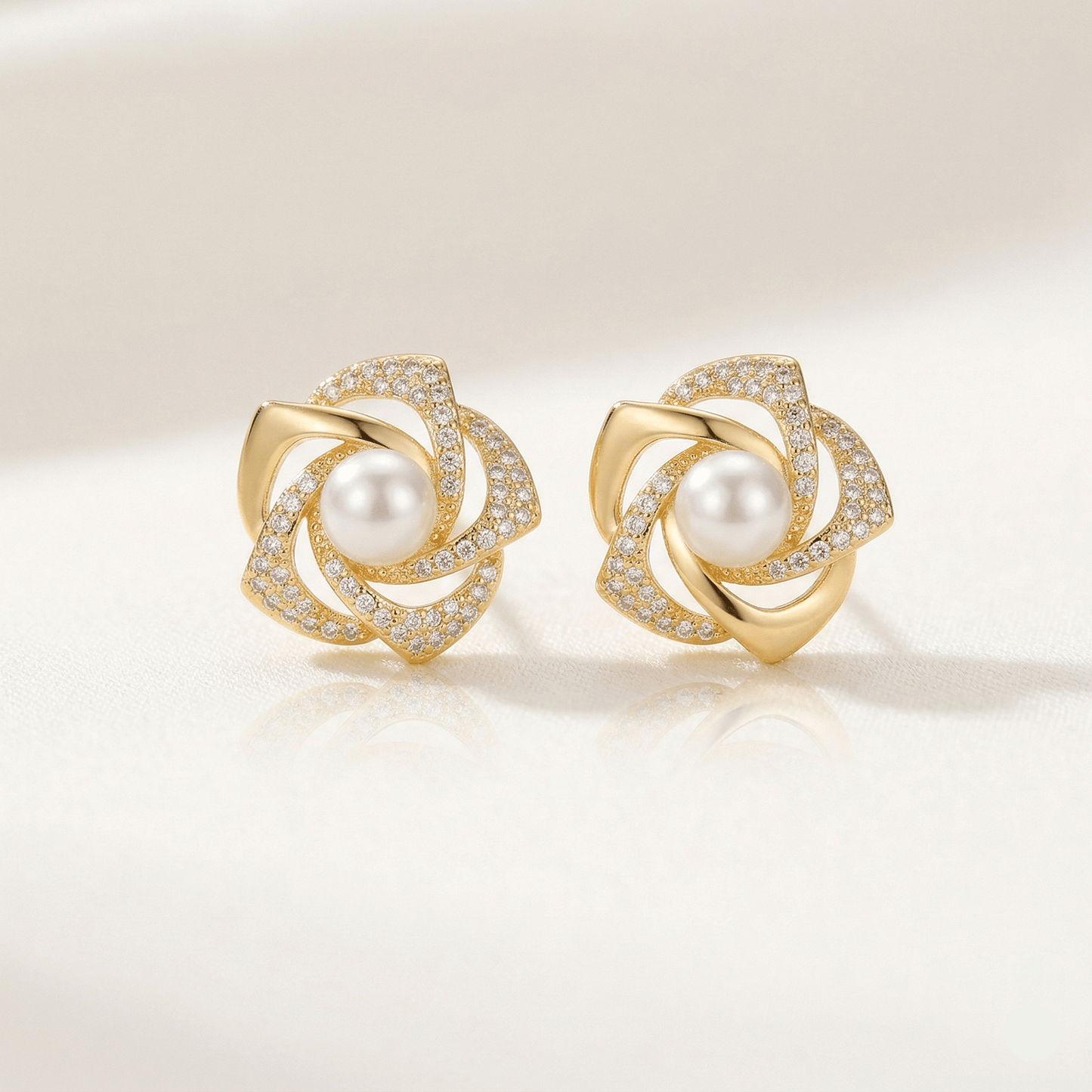 Blush Pearl & Zirconia Floral Gold Stud Earrings