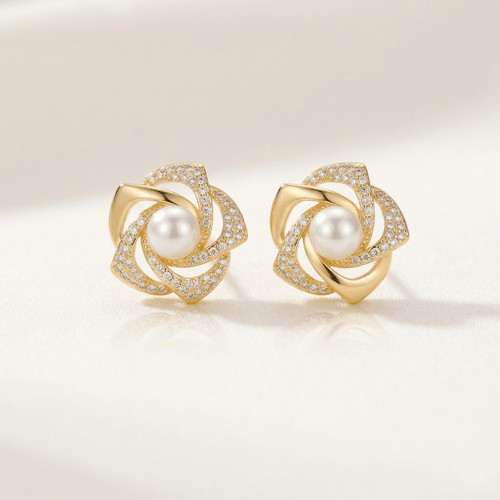 Blush Pearl & Zirconia Floral Gold Stud Earrings