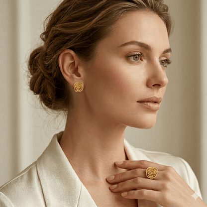 Golden Rose Petal Statement Stud Earrings