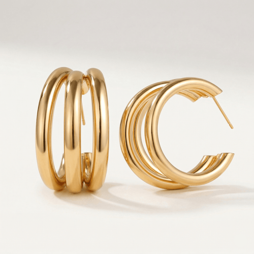 Triple Hoop Gold Statement Earrings